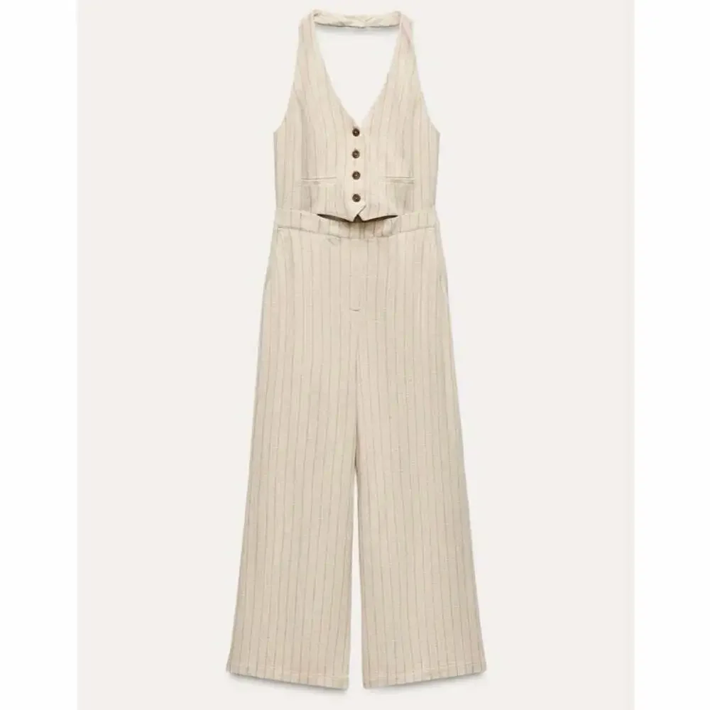 Zara Striped Linen Blend Rustic Halter Jumpsuit Beige Ecru Wide Leg Medium